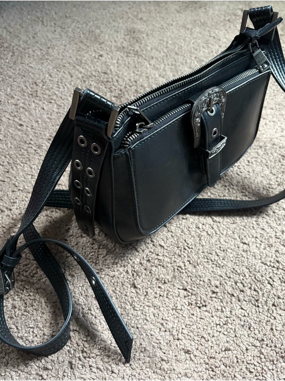 Steve Madden Black Leather Crossbody Bag with Silver Buckle